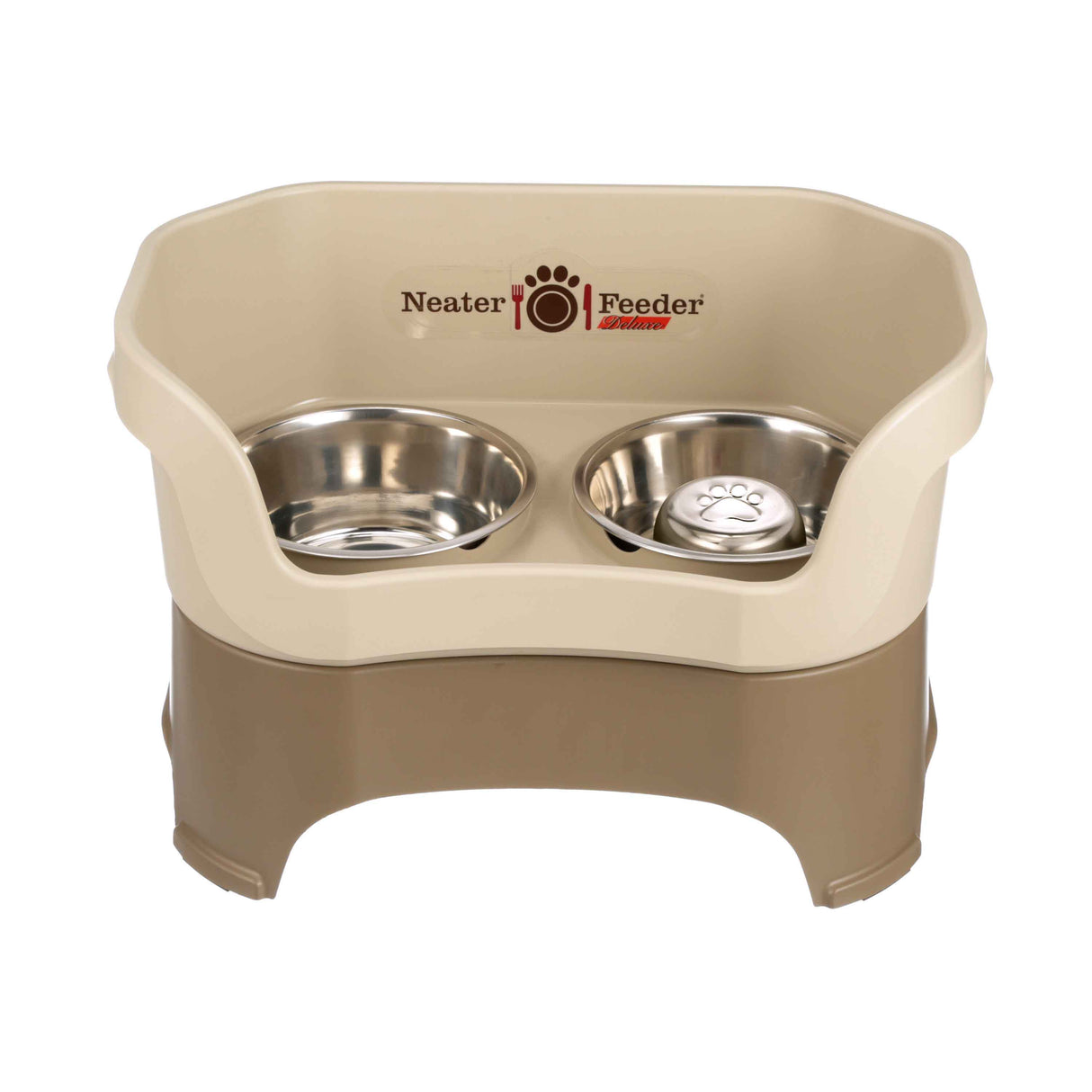 Cappuccino large DELUXE Neater Feeder with Stainless Steel Slow Feed Bowl and stainless steel water bowl against a white background.