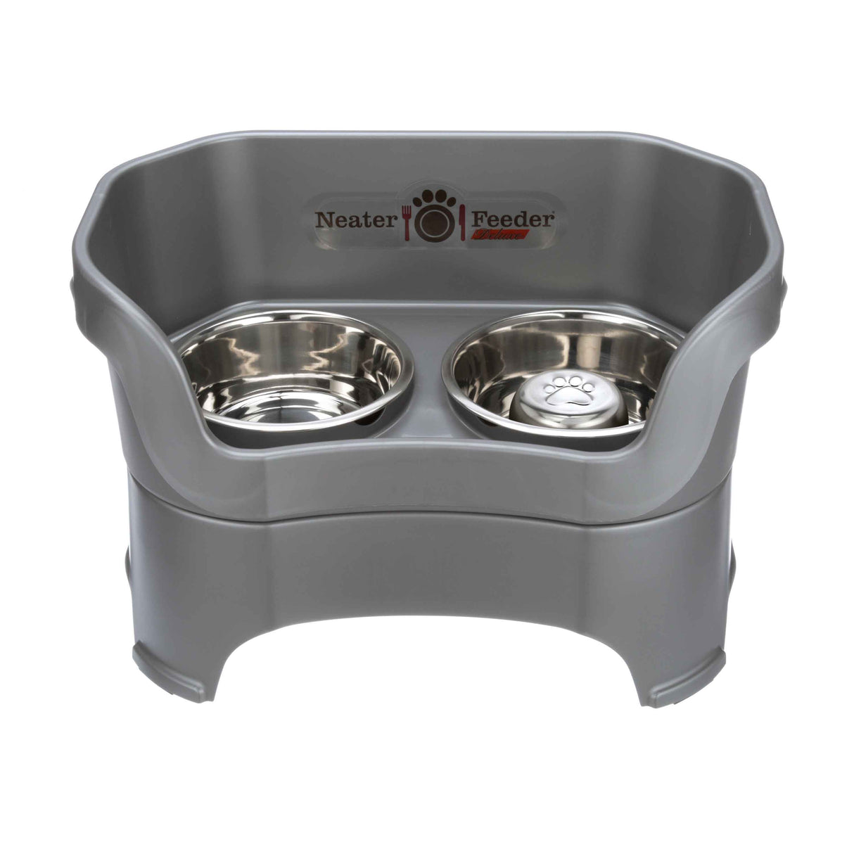 gunmetal gray large DELUXE Neater Feeder with Stainless Steel Slow Feed Bowl and stainless steel water bowl against a white background.