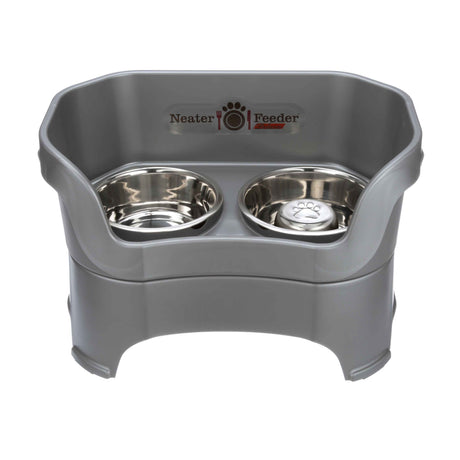 gunmetal gray large DELUXE Neater Feeder with Stainless Steel Slow Feed Bowl and stainless steel water bowl against a white background.