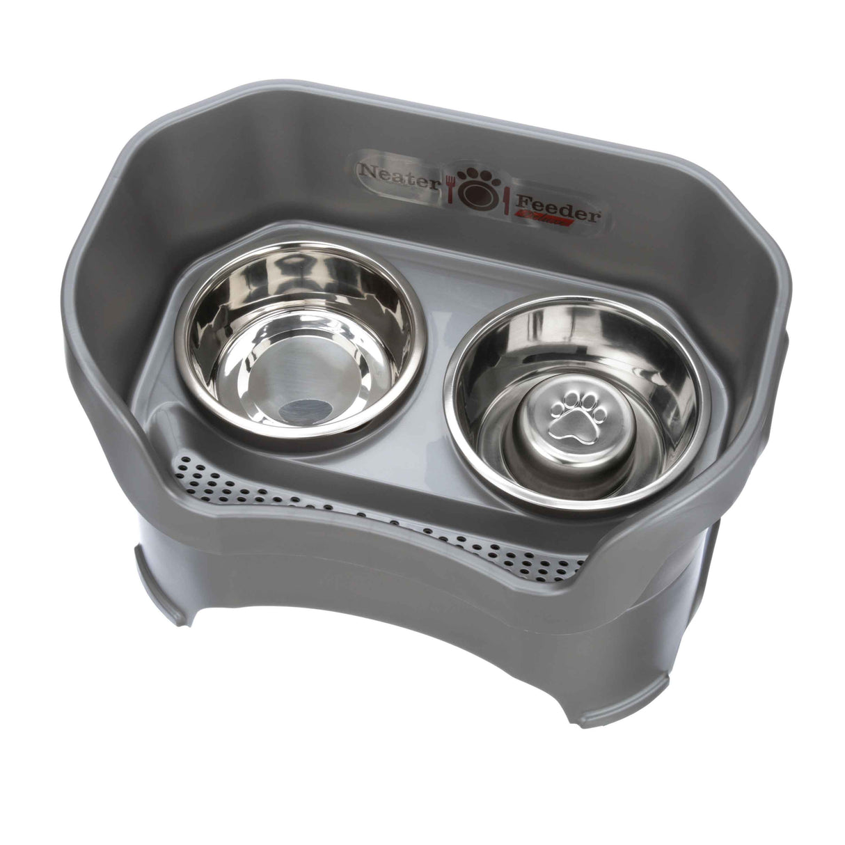 Gunmetal gray large DELUXE Neater Feeder with Stainless Steel Slow Feed Bowl and stainless steel water bowl against a white background.