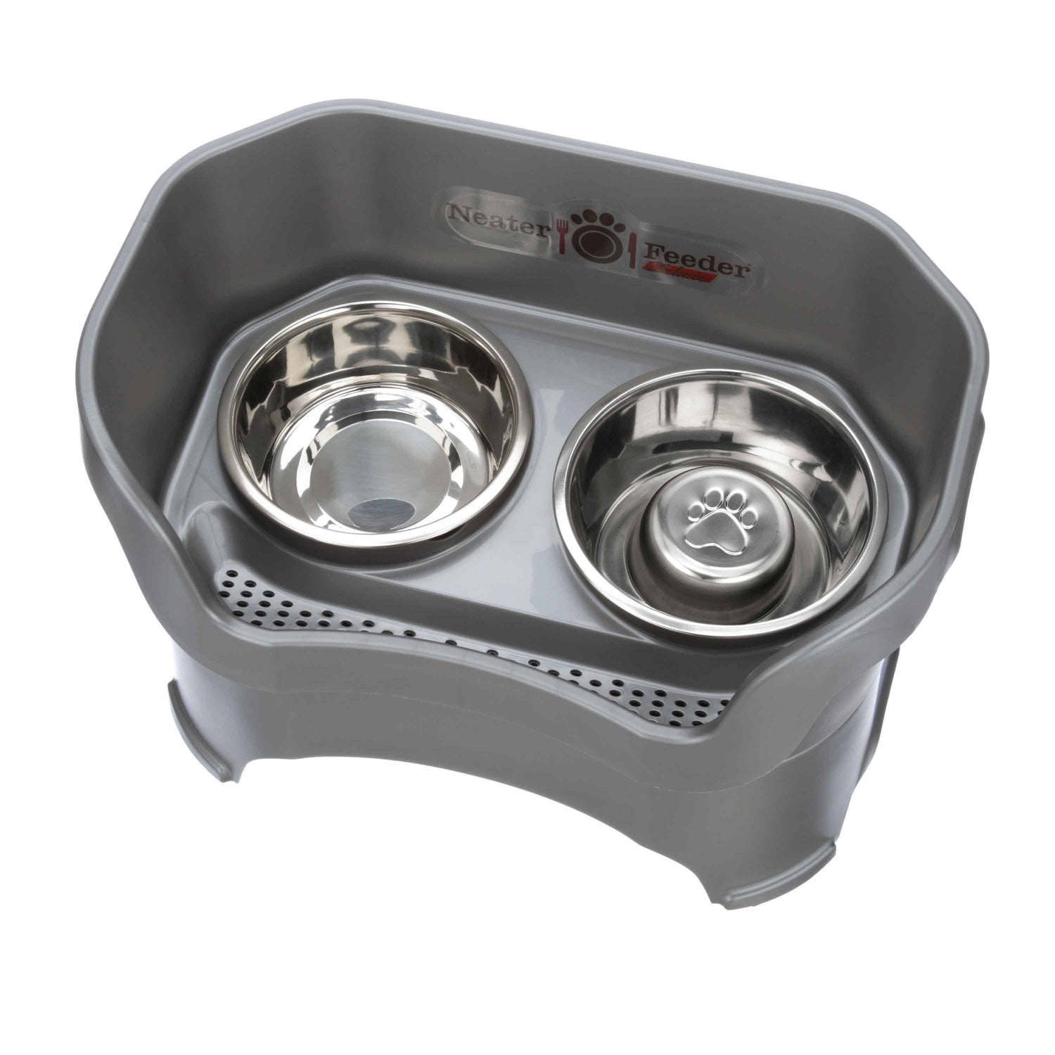 Gunmetal gray large DELUXE Neater Feeder with Stainless Steel Slow Feed Bowl and stainless steel water bowl against a white background.