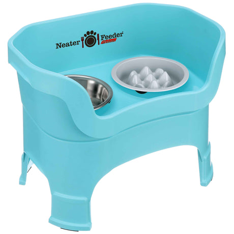 The Neater Feeder Deluxe large with leg extensions with the Niner bowl and stainless steel water bowl against a white background.