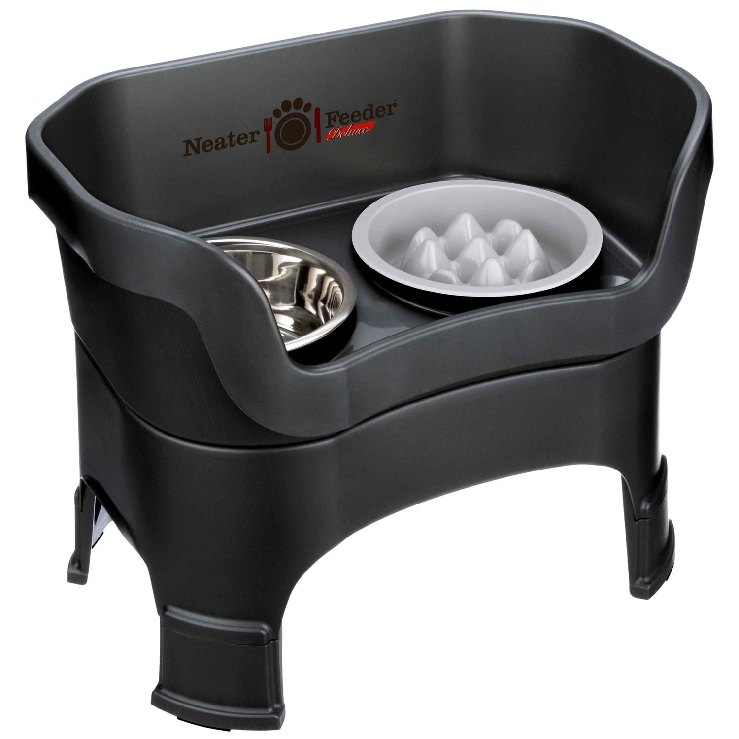 The Neater Feeder Deluxe large with leg extensions with the Niner bowl and stainless steel water bowl against a white background.