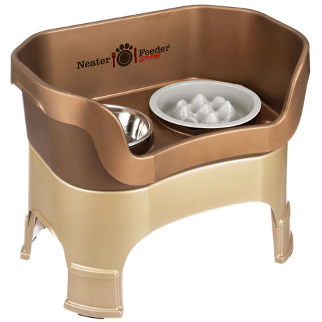 The Neater Feeder Deluxe large with leg extensions with the Niner bowl and stainless steel water bowl against a white background.