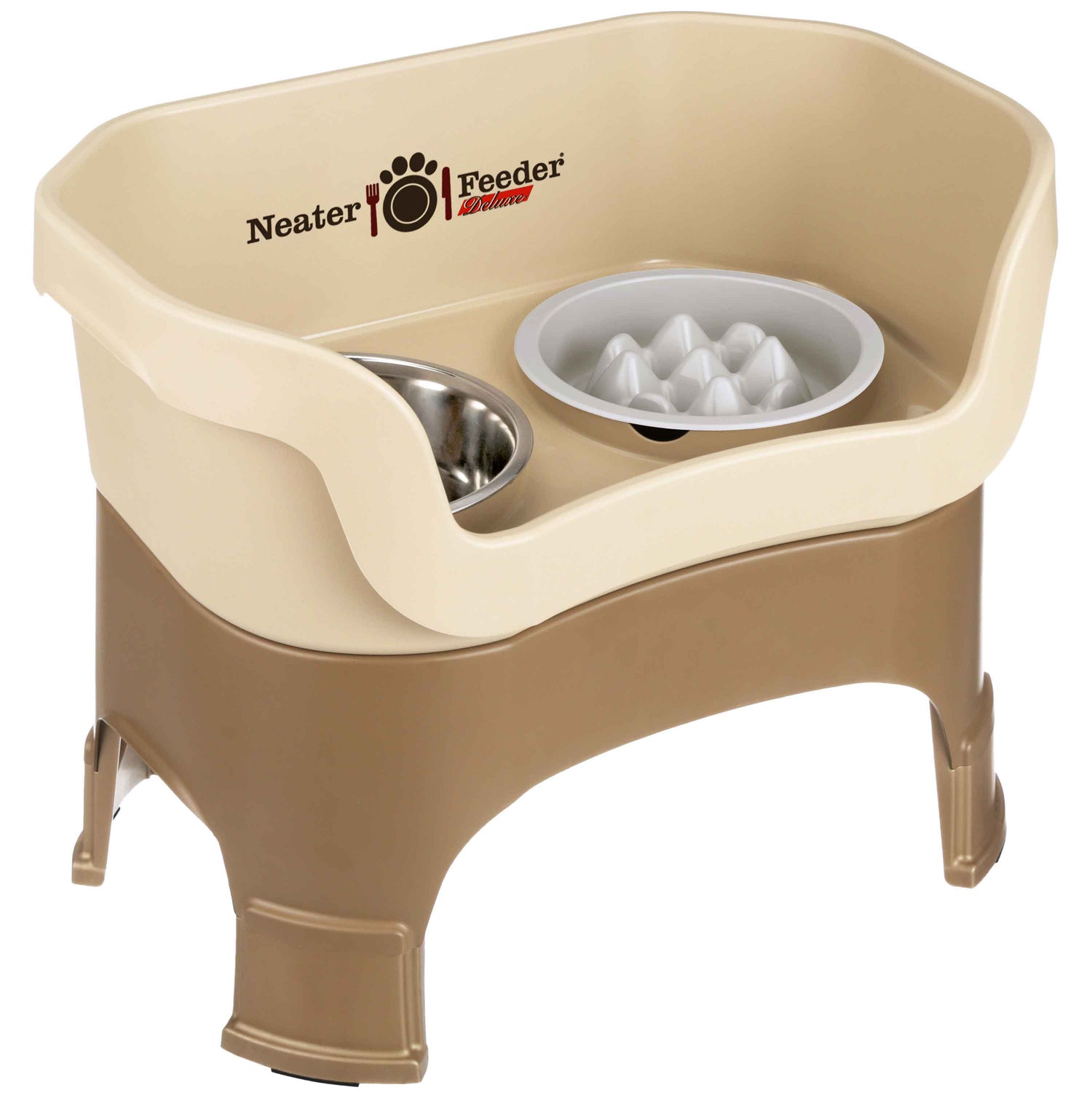 The Neater Feeder Deluxe large with leg extensions with the Niner bowl and stainless steel water bowl against a white background.