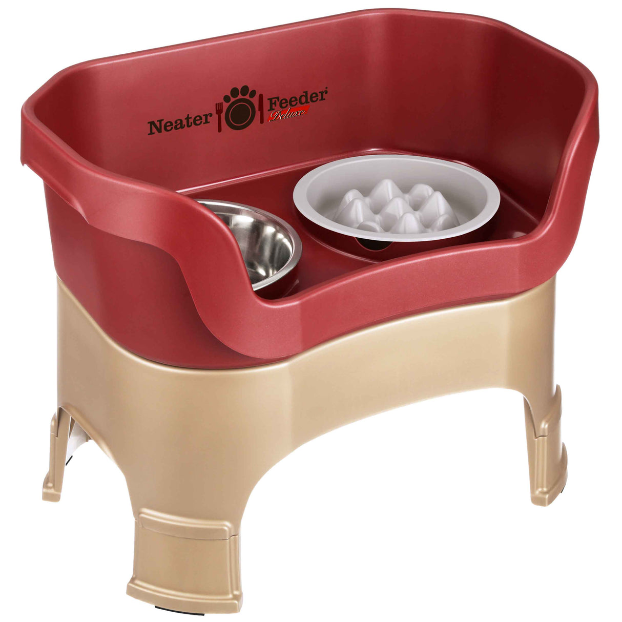 The Neater Feeder Deluxe large with leg extensions with the Niner bowl and stainless steel water bowl against a white background.