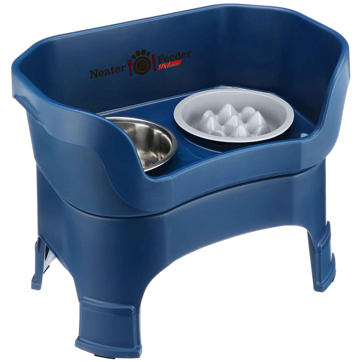 The Neater Feeder Deluxe large with leg extensions with the Niner bowl and stainless steel water bowl against a white background.