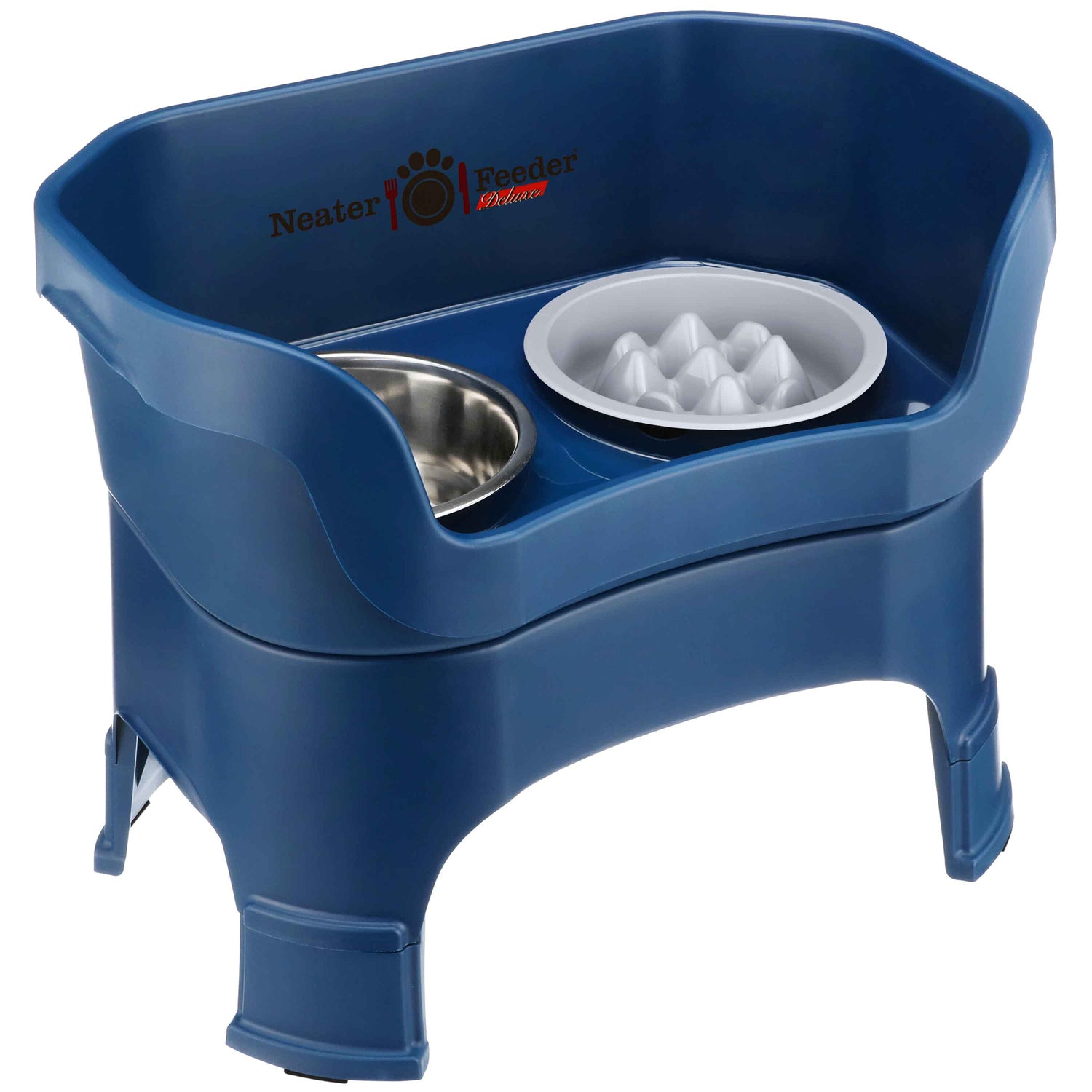 The Neater Feeder Deluxe large with leg extensions with the Niner bowl and stainless steel water bowl against a white background.