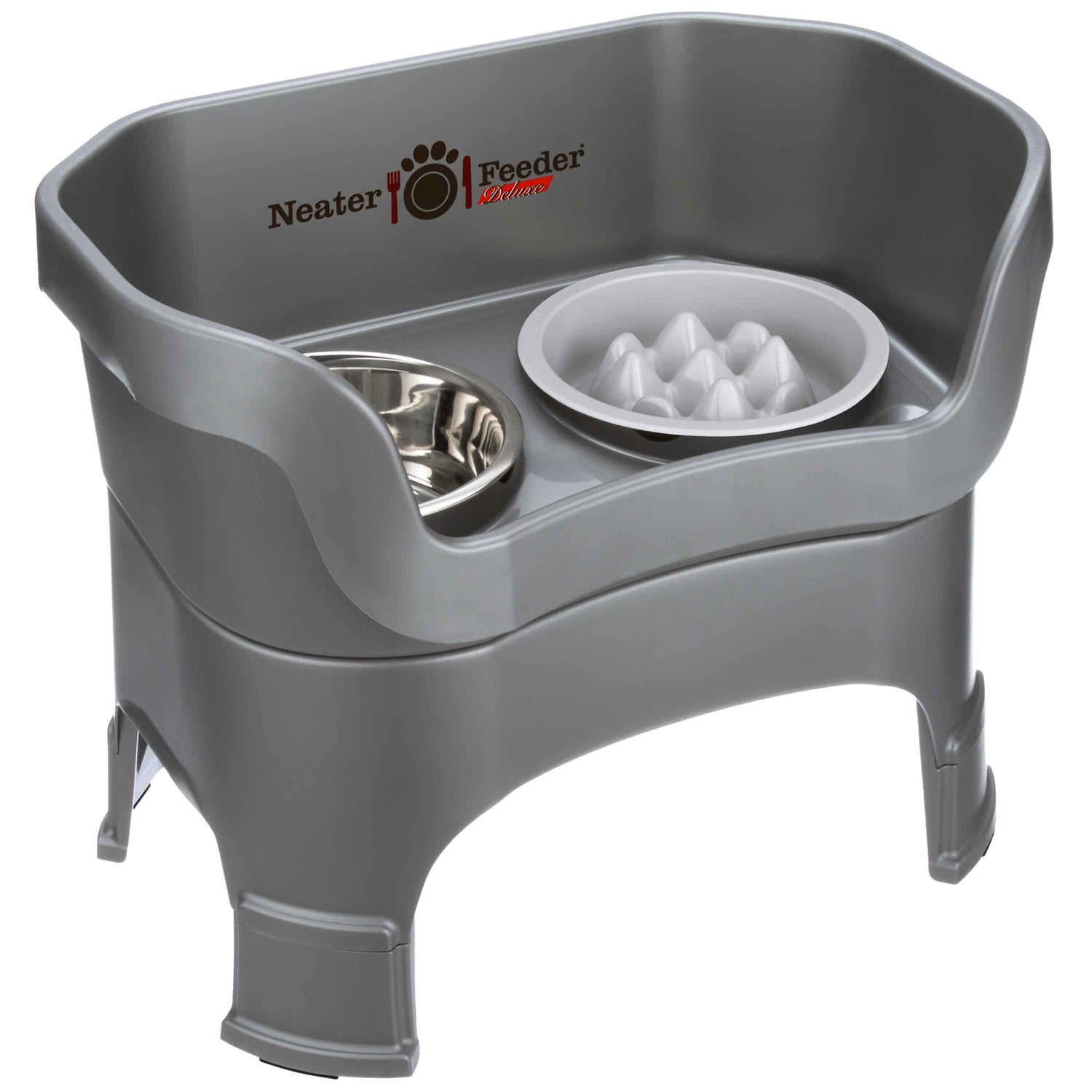 The Neater Feeder Deluxe large with leg extensions with the Niner bowl and stainless steel water bowl against a white background.