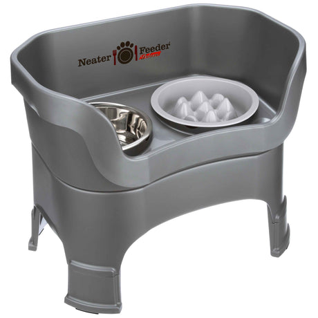 The Neater Feeder Deluxe large with leg extensions with the Niner bowl and stainless steel water bowl against a white background.