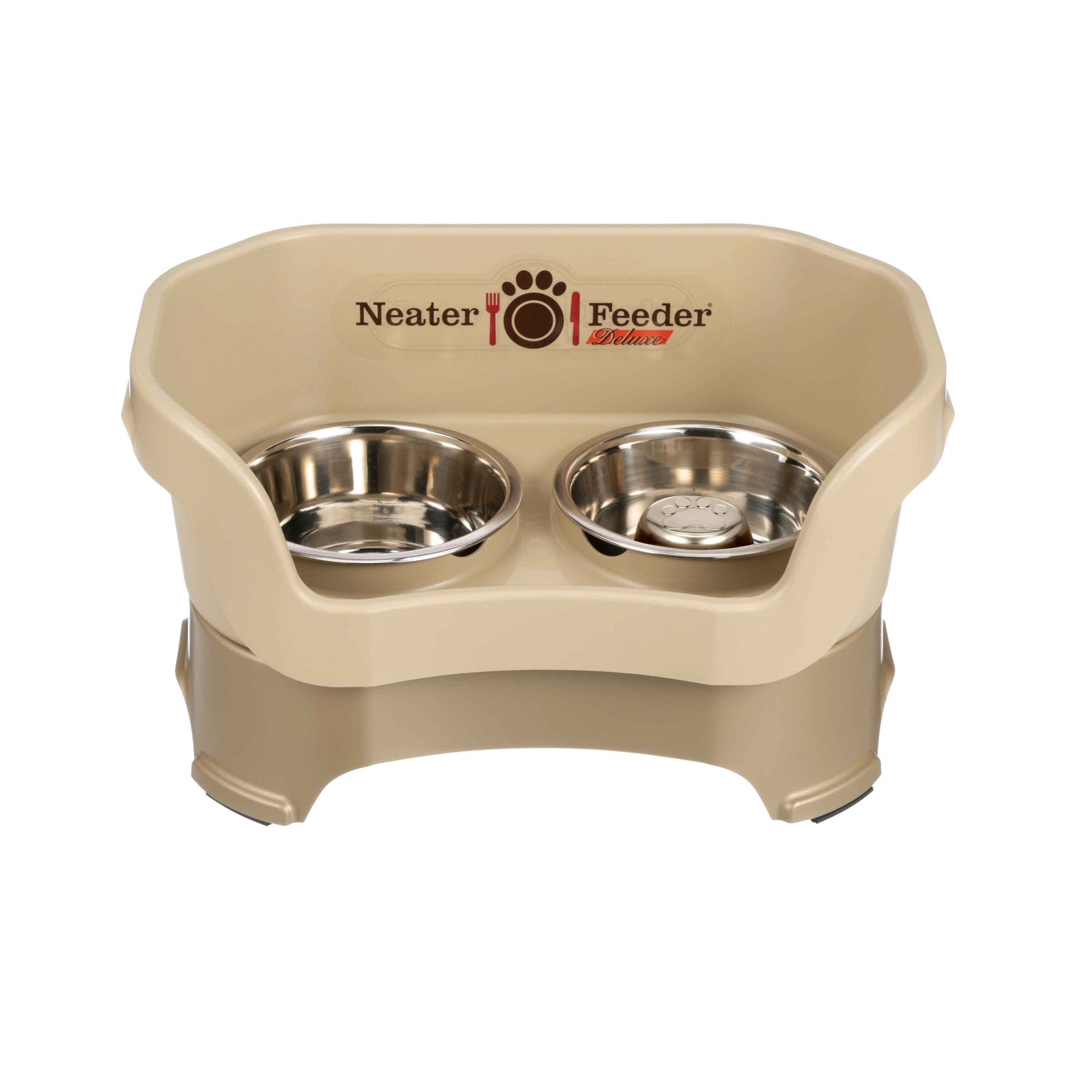 Cappuccino medium DELUXE Neater Feeder with Stainless Steel Slow Feed Bowl and stainless steel water bowl against a white background.