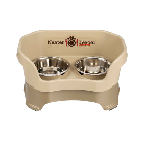 Cappuccino medium DELUXE Neater Feeder with Stainless Steel Slow Feed Bowl and stainless steel water bowl against a white background.