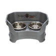 gunmetal gray medium DELUXE Neater Feeder with Stainless Steel Slow Feed Bowl and stainless steel water bowl against a white background.