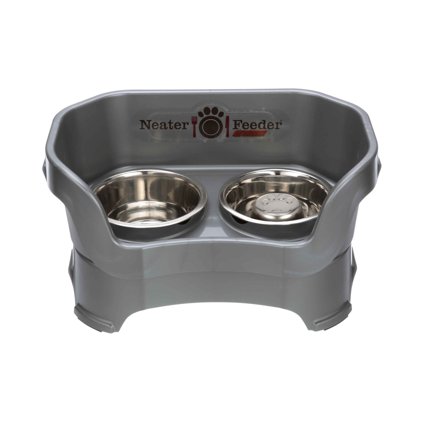 gunmetal gray medium DELUXE Neater Feeder with Stainless Steel Slow Feed Bowl and stainless steel water bowl against a white background.