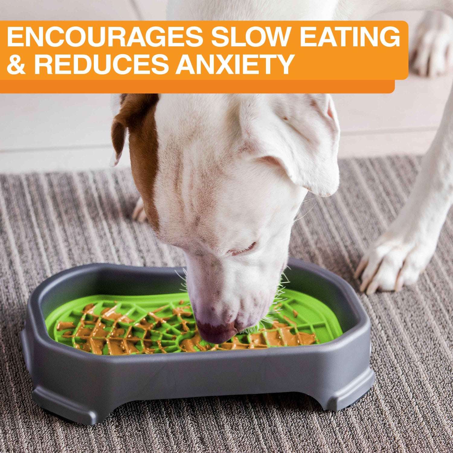 Dog licking peanut butter from the green Neat-Lik Mat Slow Feed Licking Mat with text that reads "Encourages slow eating and reduces anxiety."