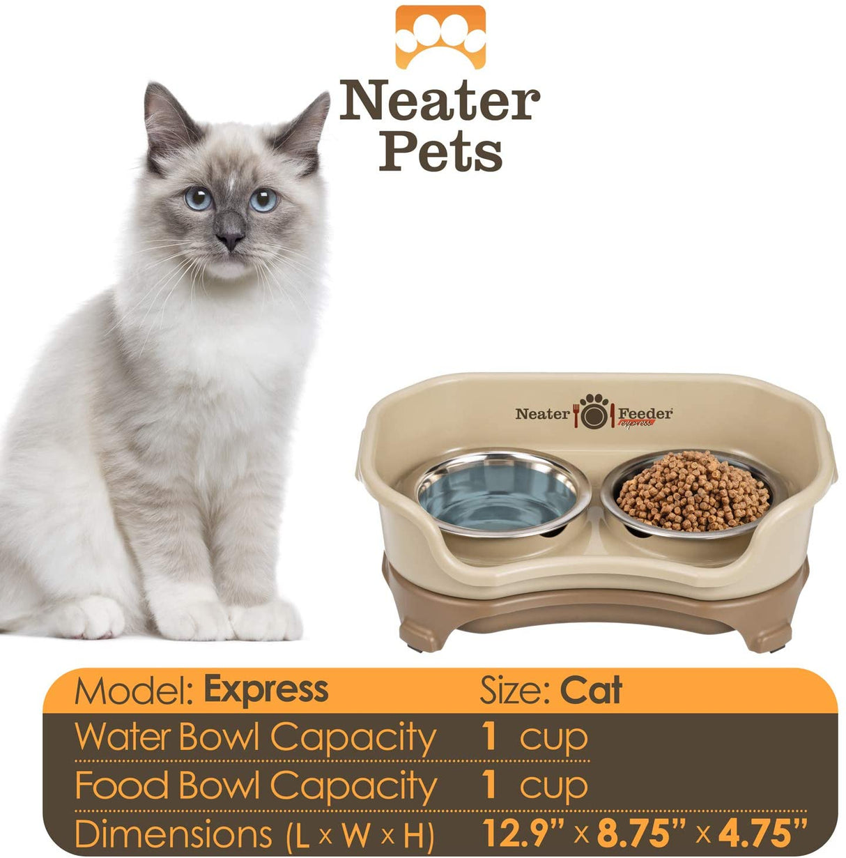 A chart displaying the Express cat bowl capacity and dimensions, with a cat next to the chart.