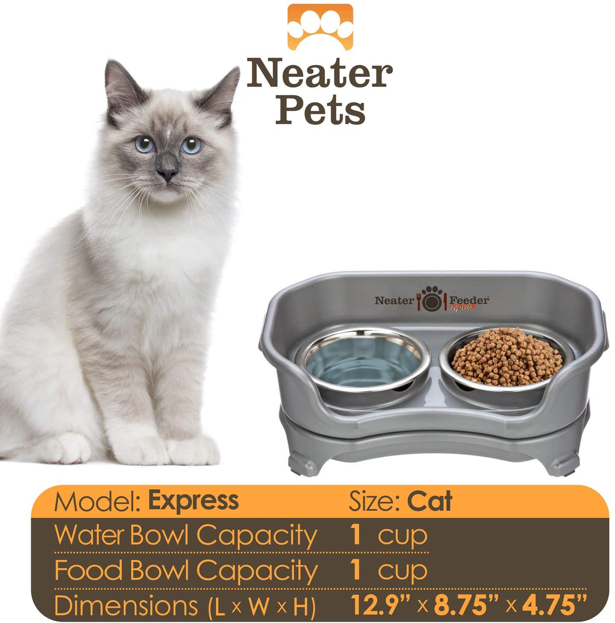 A chart displaying the Express cat bowl capacity and dimensions, with a cat next to the chart.