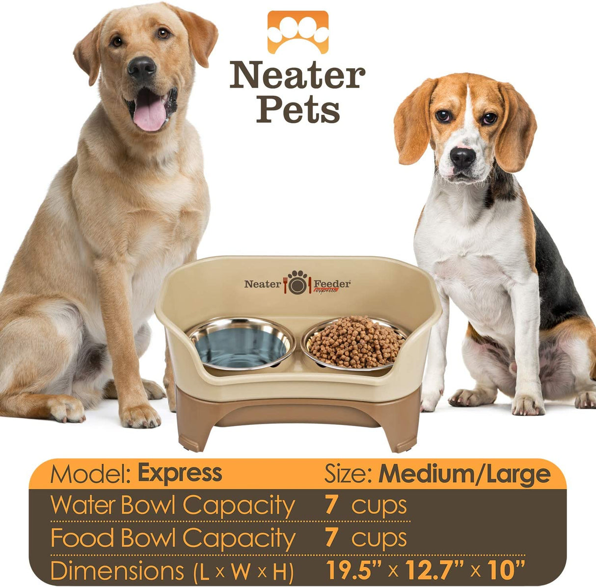 A chart displaying the Express medium to large bowl capacity and dimensions, with two large dogs next to the chart.