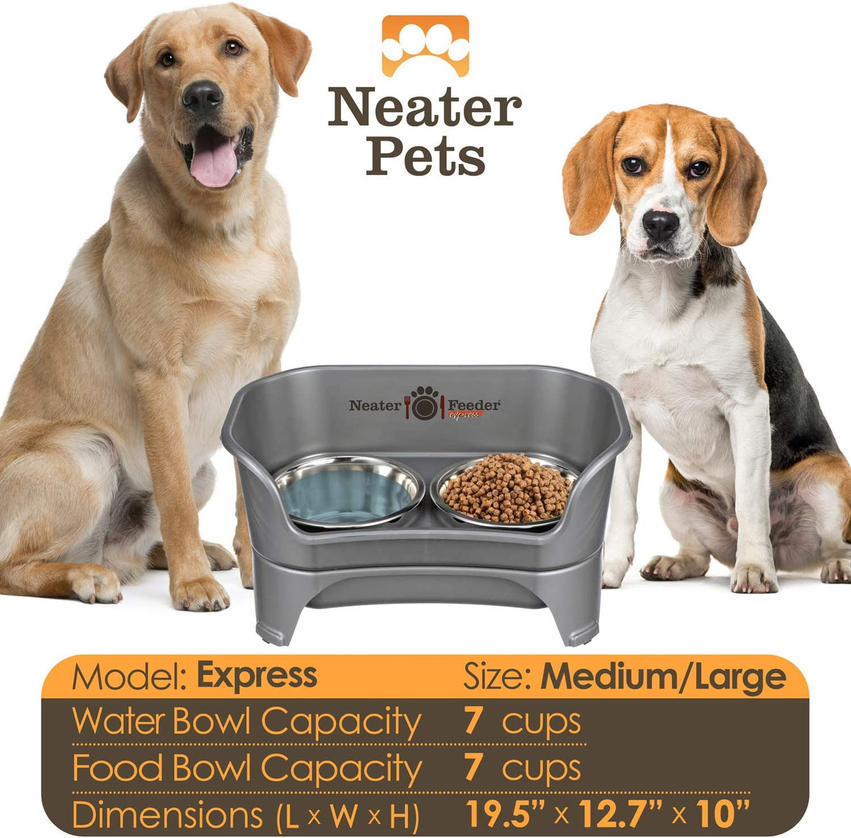 A chart displaying the Express medium to large bowl capacity and dimensions, with two large dogs next to the chart.