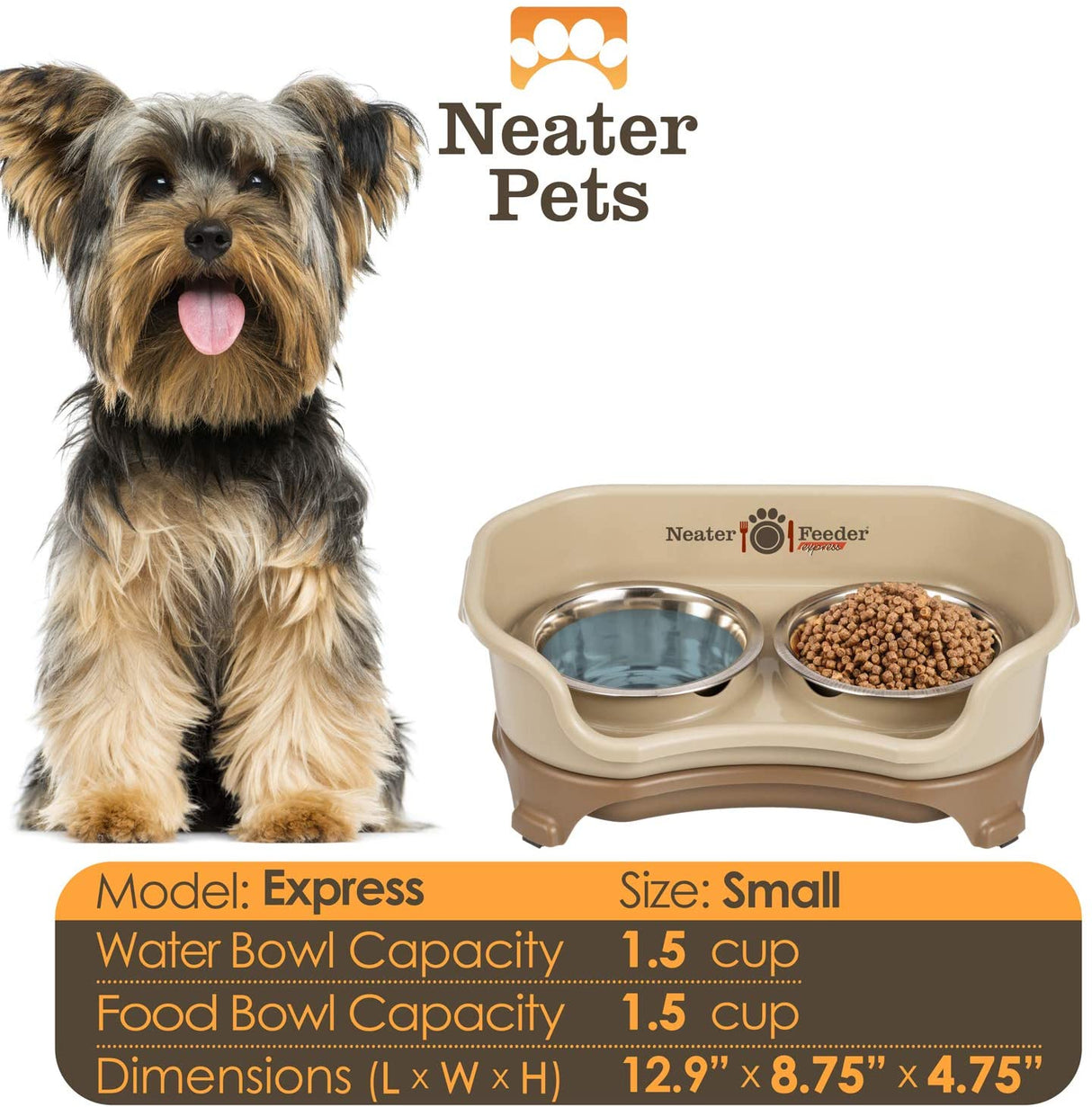 A chart displaying the Express small bowl capacity and dimensions, with a small dog next to the chart.