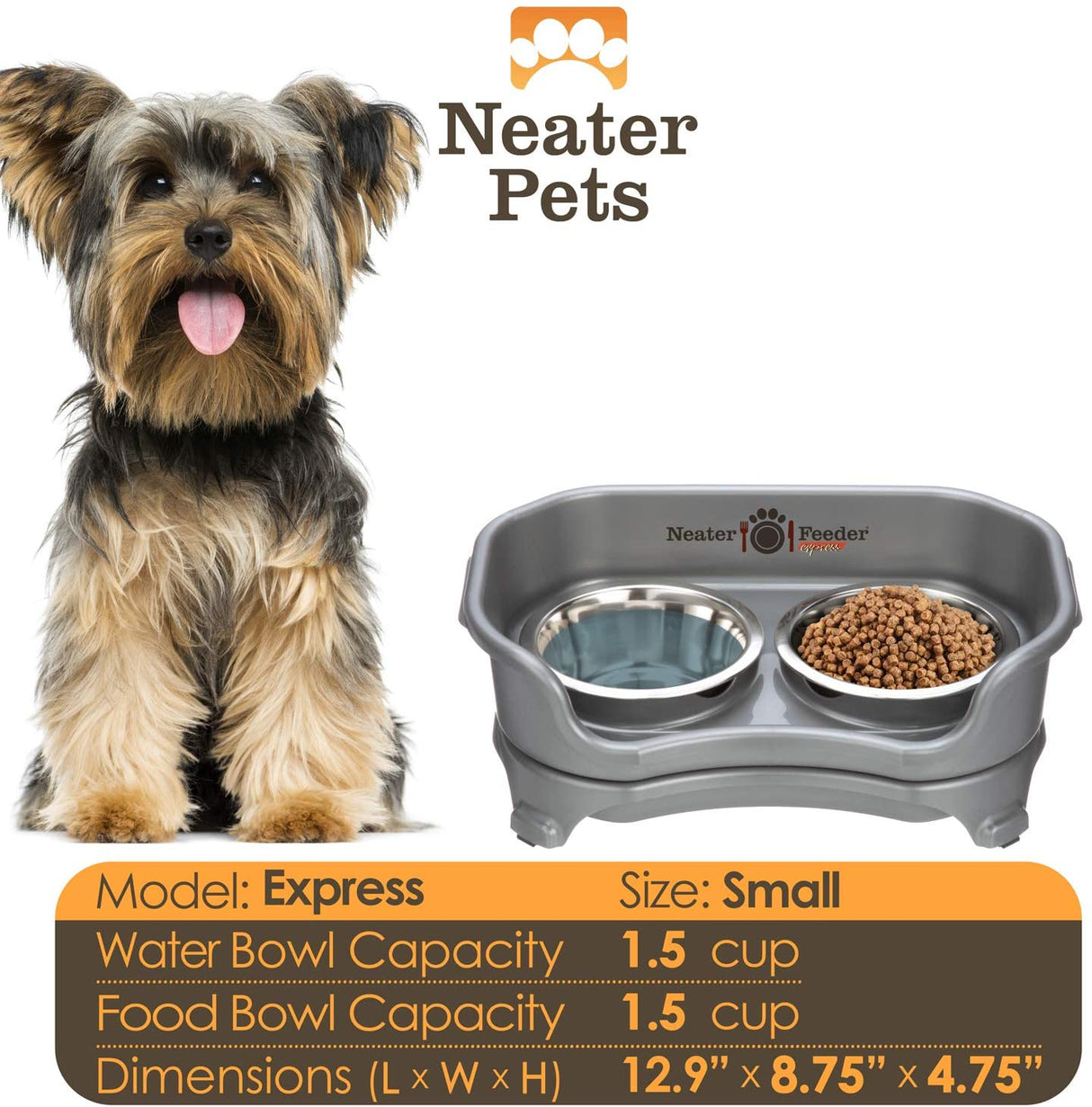 A chart displaying the Express small bowl capacity and dimensions, with a small dog next to the chart.