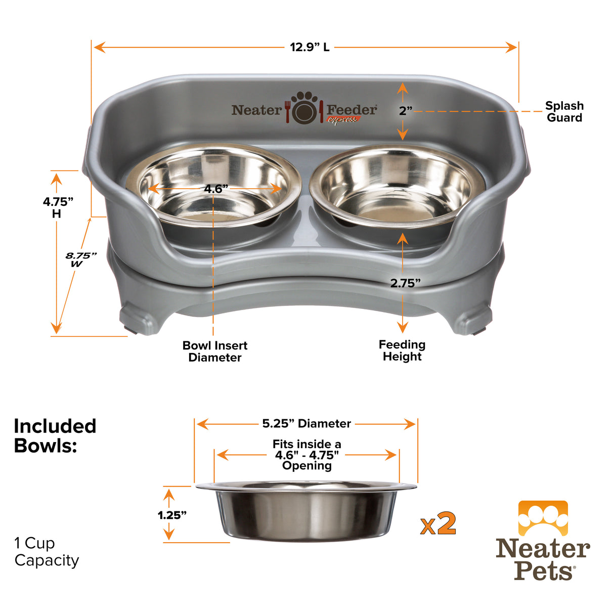 Dimensions of the Gunmetal Grey Express Cat Neater Feeder and the stainless steel bowls.