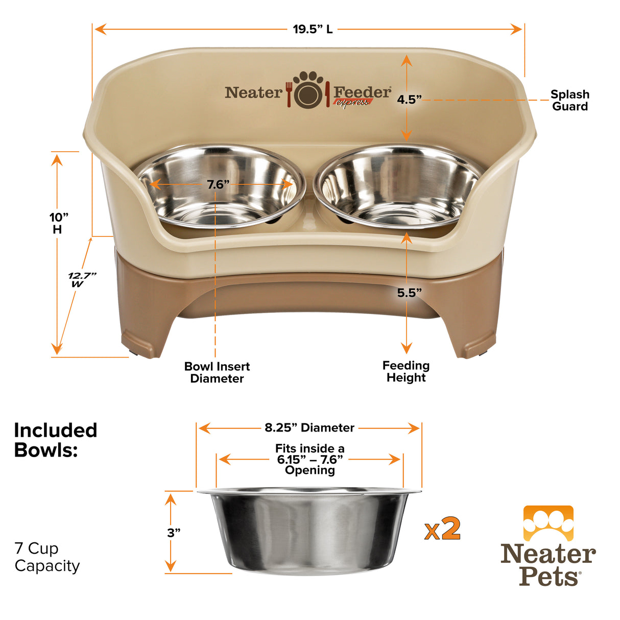 Dimensions of the Cappuccino Express medium to large Neater Feeder and the stainless steel bowls.