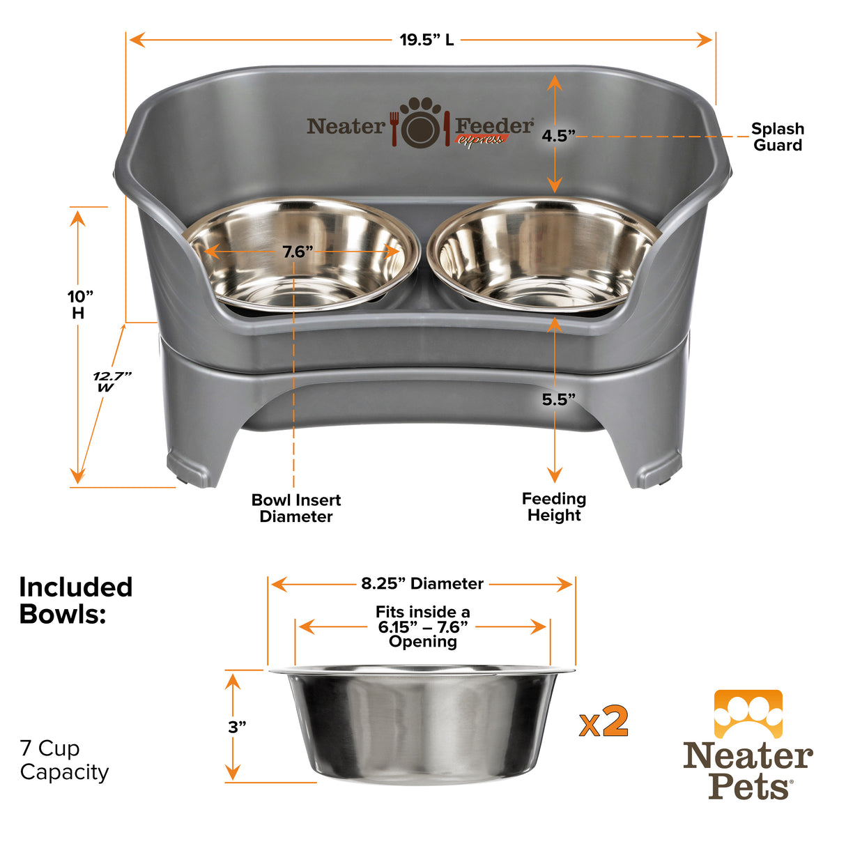 Dimensions of medium to large Gunmetal gray EXPRESS Neater Feeder and the stainless steel bowls.