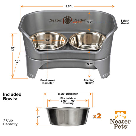 Dimensions of medium to large Gunmetal gray EXPRESS Neater Feeder and the stainless steel bowls.