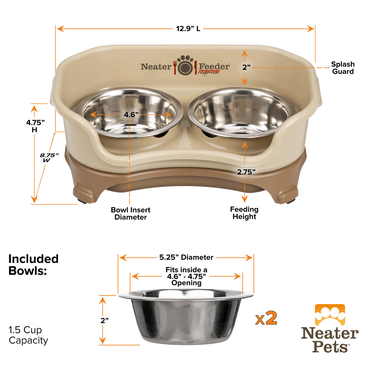 Dimensions of the Cappuccino Express Cat Neater Feeder and the stainless steel bowls.