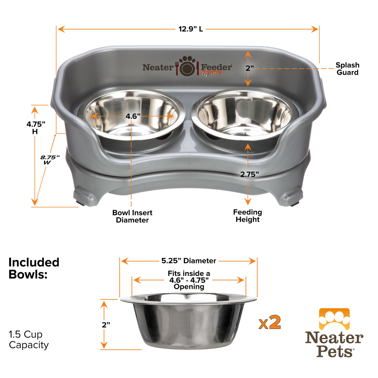 Dimensions of small Gunmetal gray EXPRESS Neater Feeder and the stainless steel bowls.