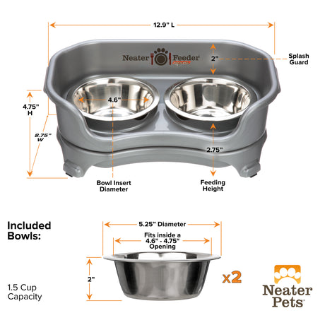 Dimensions of small Gunmetal gray EXPRESS Neater Feeder and the stainless steel bowls.