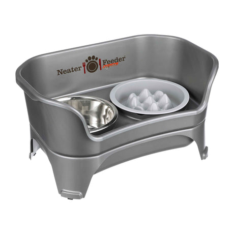 Gunmetal gray medium to large EXPRESS Neater Feeder with The Niner Slow Feed Bowl and stainless steel water bowl against a white background.