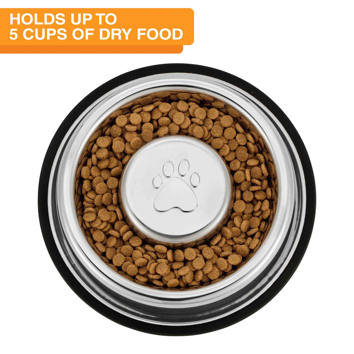 Extra Large Non-Tip Slow Feed Bowl Capacity with dog kibble in it and the capacity of the bowl.