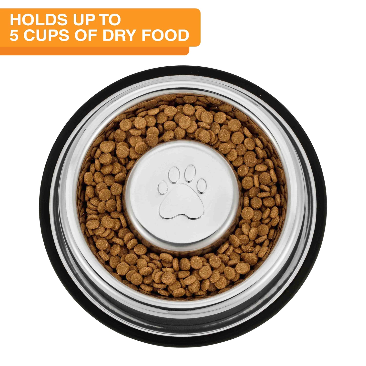 Extra Large Non-Tip Slow Feed Bowl Capacity with dog kibble in it and the capacity of the bowl.