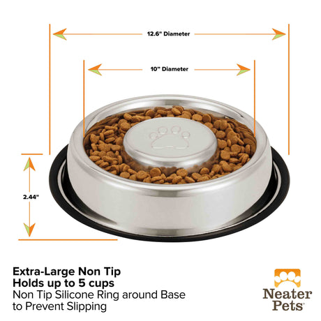 Dimensions of extra-large Non-Tip Stainless Steel Slow Feed Bowl: 2.44 inches tall, 10 inches in the opening, 12.6 inches in the diameter against a white background.