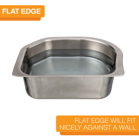 Neater Slow Feeder Double Diner Stainless Steel Insert Bowl from the side with water with text that says "Flat edge will fit nicely against a wall."