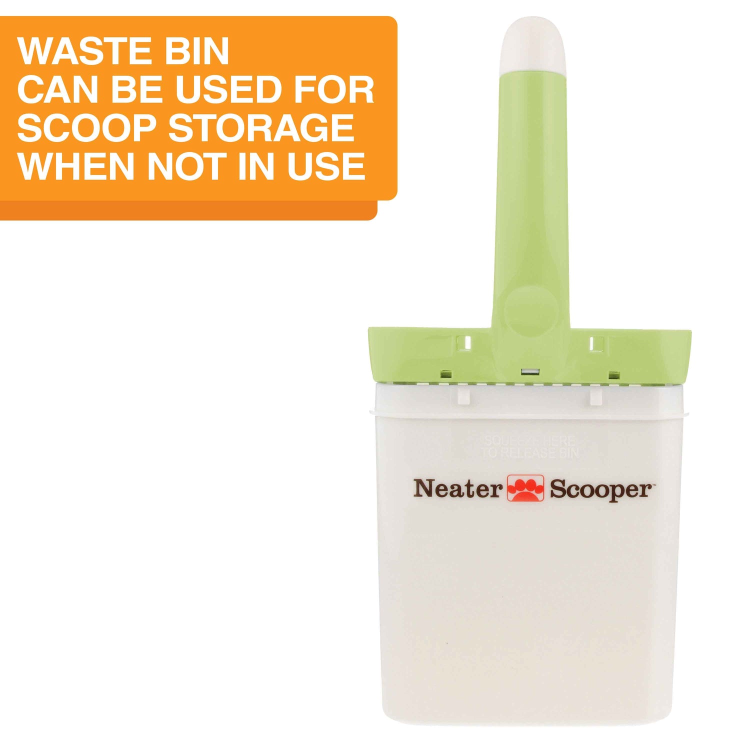 Image of the Neater Scooper top inside the bin with the text: Waste bin can be used for scoop storage when not in use.