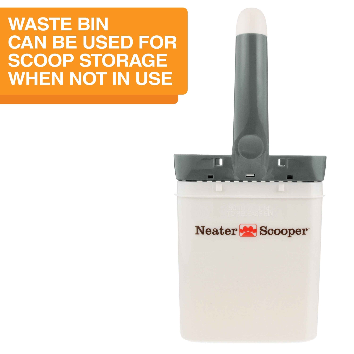 Image of the Neater Scooper top inside the bin with the text: Waste bin can be used for scoop storage when not in use.