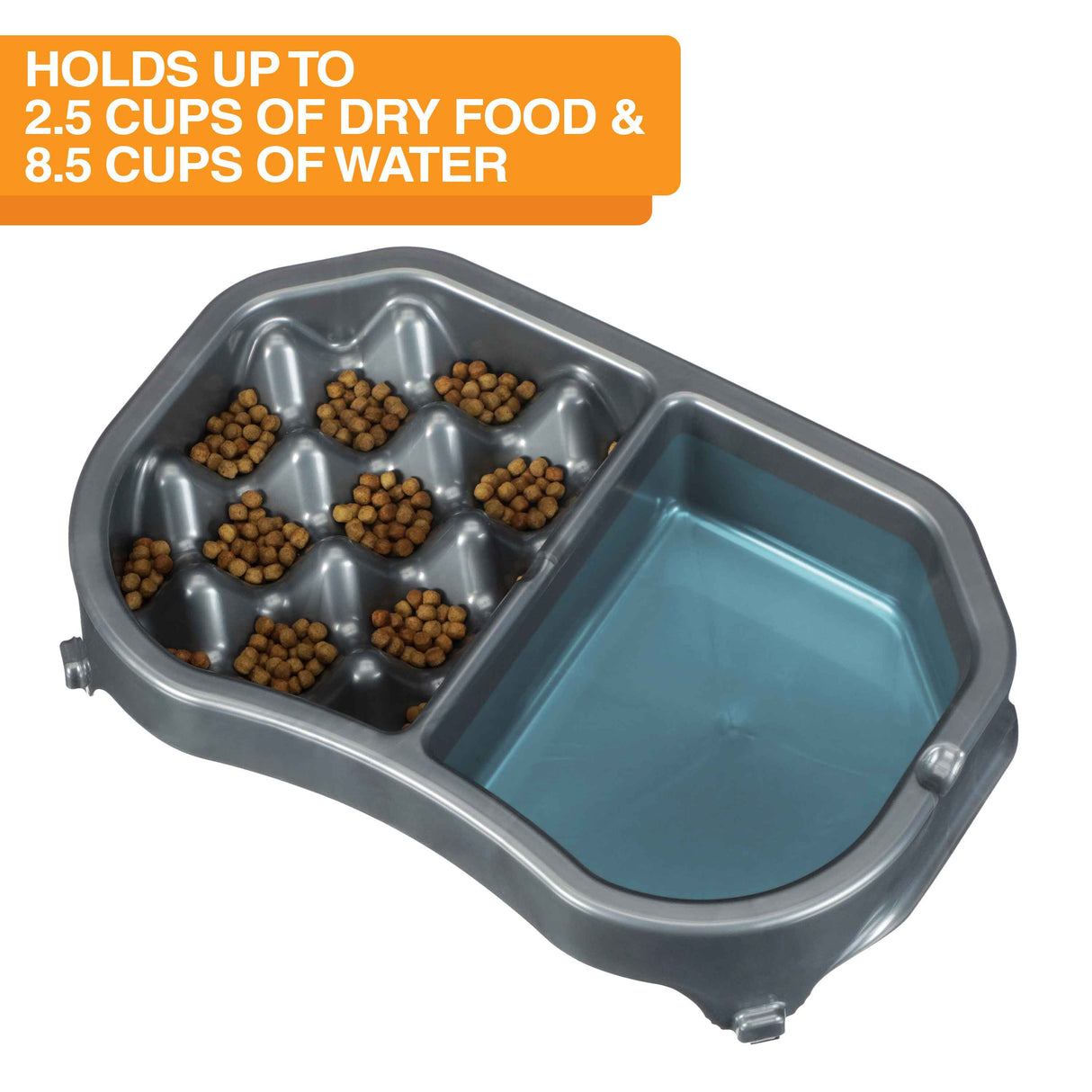 Neater Slow Feeder Double Diner with food and water inside the feeder against a white background. Text on the screen explains the food and water capacity.