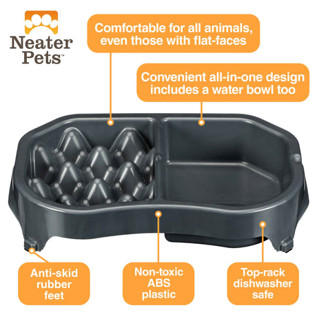 A picture of the Neater Slow Feeder Double Diner with arrows pointing to the benefits, which include: comfortable to eat from, non-toxic, anti-skid rubber feet, top-rack dishwasher safe, and an all-in-one water bowl.