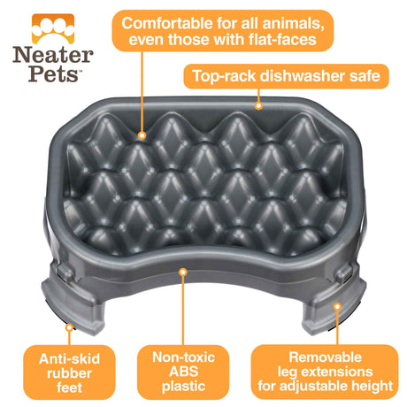 A picture of the raised Neater Slow Feeder with arrows pointing to the benefits, which include: comfortable to eat from, non-toxic, anti-skid rubber feet, top-rack dishwasher safe, and removable leg extensions.
