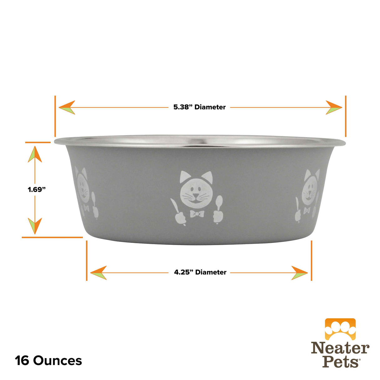 Hungry cat bowl 16oz size side view with dimensions on white background.