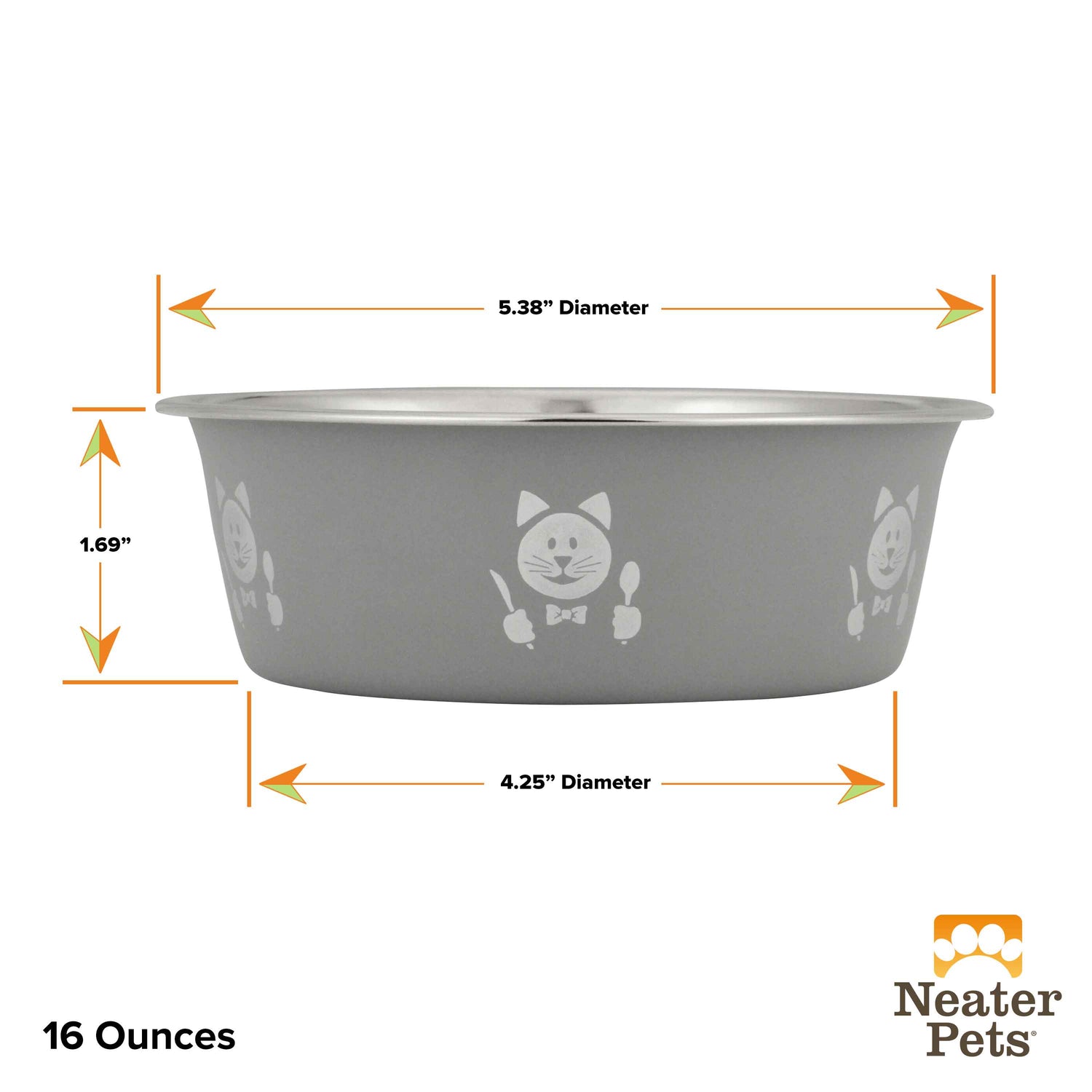 Hungry cat bowl 16oz size side view with dimensions on white background.