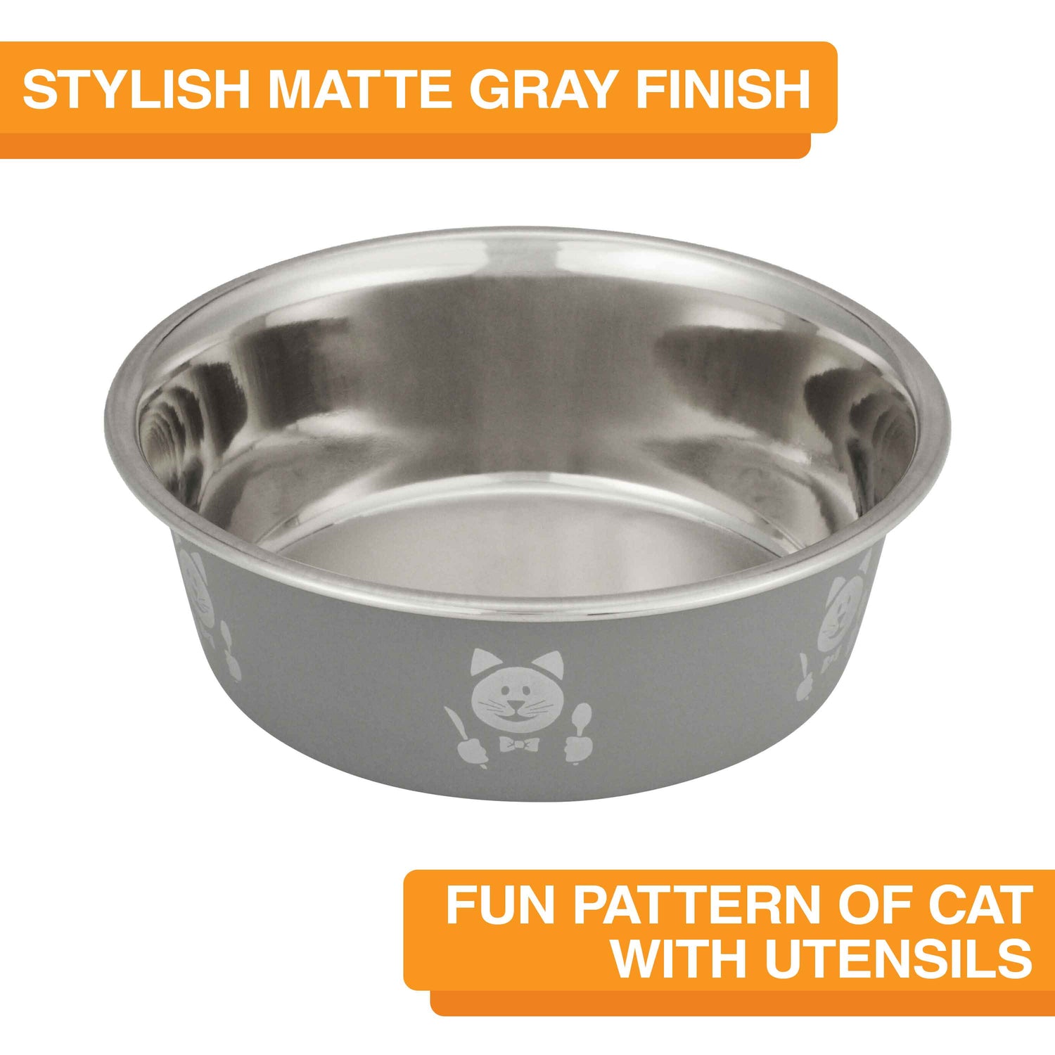 Hungry cat bowl fun print.  Side view on white background with cat face holding utensils.