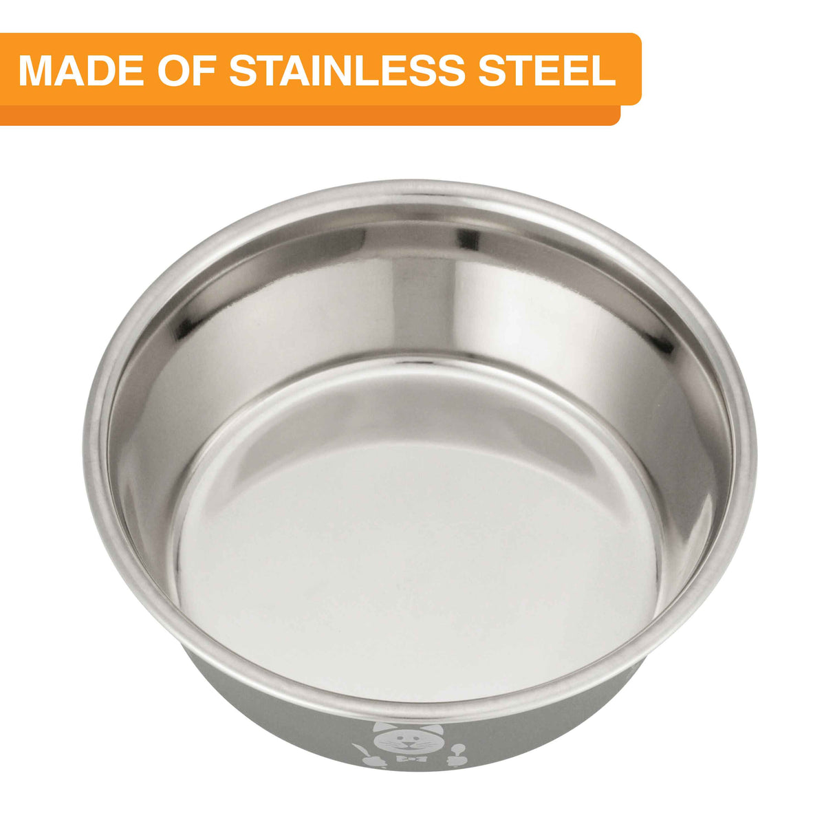 Hungry cat bowl stainless steel top view on white background.