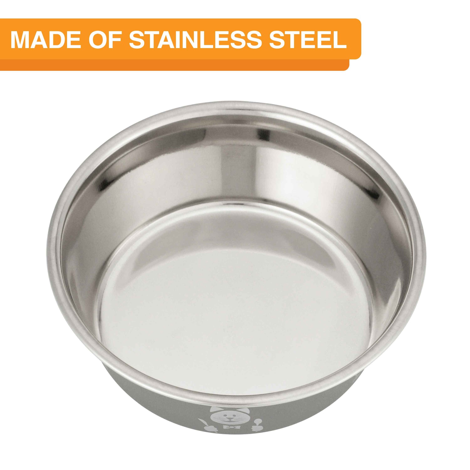 Hungry cat bowl stainless steel top view on white background.