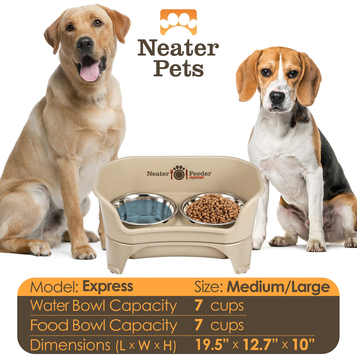 A chart displaying the Express medium to large bowl capacity and dimensions, with two large dogs next to the chart.