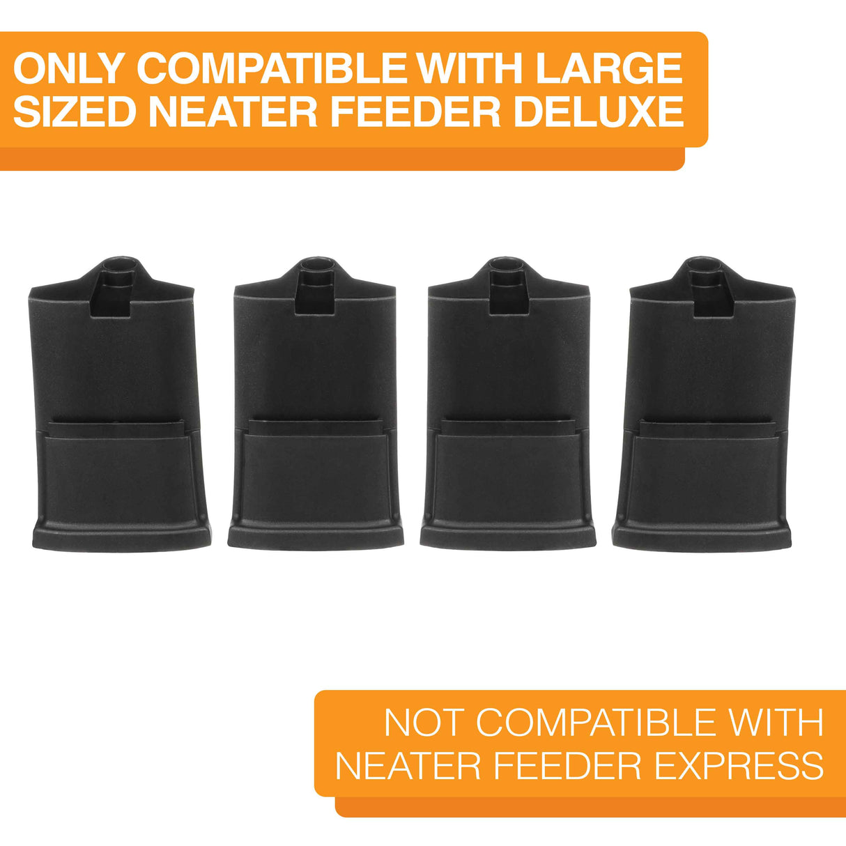 Four midnight black large leg extensions lined up on a white background. Text on screen reads: Only compatible with large sized Neater Feeder Deluxe. Not compatible with Neater Feeder Express.