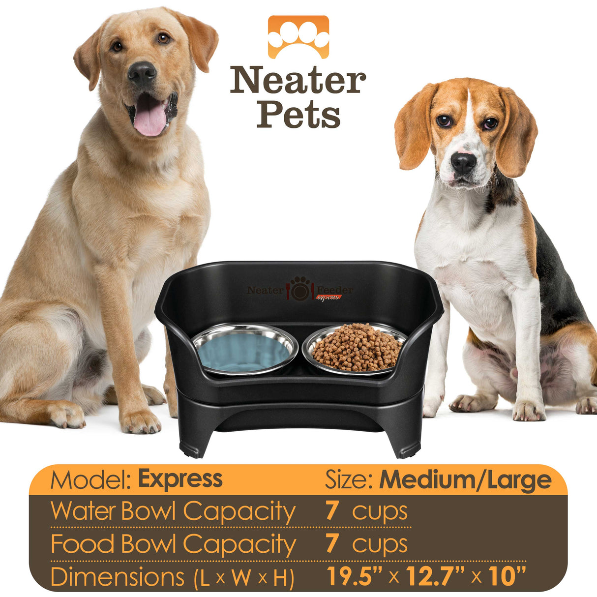 A chart displaying the Express medium to large bowl capacity and dimensions, with two large dogs next to the chart.